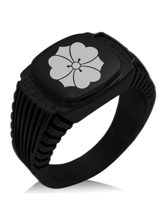 Stainless Steel Sakai Samurai Crest CZ Ribbed Needle Stripe Pattern Biker Style Polished Ring