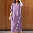 thumbnail image 2 of ShomPort Women Fall Casual Half Sleeve Cotton Linen Midi Dress Solid Color Loose Beach Sundress, 2 of 6