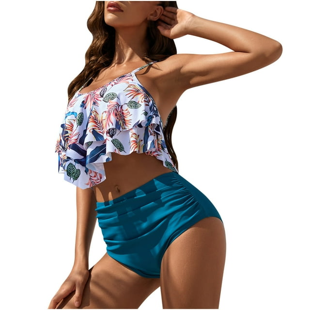 Bikini Taille Haute pour Femmes Mode Décontractée Bikini Taille Haute Fendue Double Couche Imprimé Feuille Aguichant