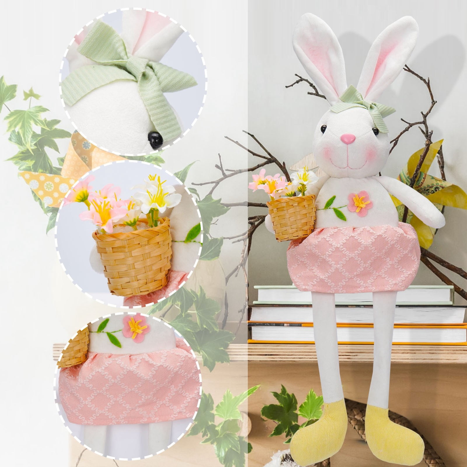 17.3in Easter Decorations Plush Bunny Doll with Flower Basket for Easter Party Decor and Easter Basket Stuffers, Soft PP Cotton Easter Decor Rabbit Figurine for Kids Easter Pascua Home Display