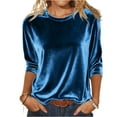 thumbnail image 2 of Huankd 2026 New Women Tops Three Quarter Length Sleeve Velvet T Shirts 3/4 Sleeves Pullover Casual Dressy Velour Tunic Blouses Blue XL, 2 of 8