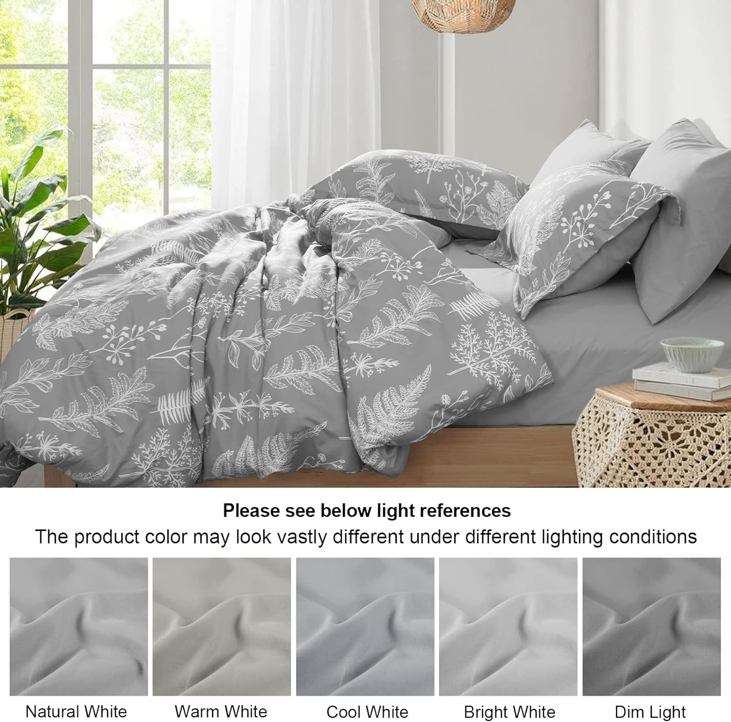 PHF 7 Pieces Printed King Comforter Set, Lightweight Reversible Botanical Bedding Set Include Comforter, Pillow Shams, Flat Sheet, Fitted Sheet and Pillowcases, Grey