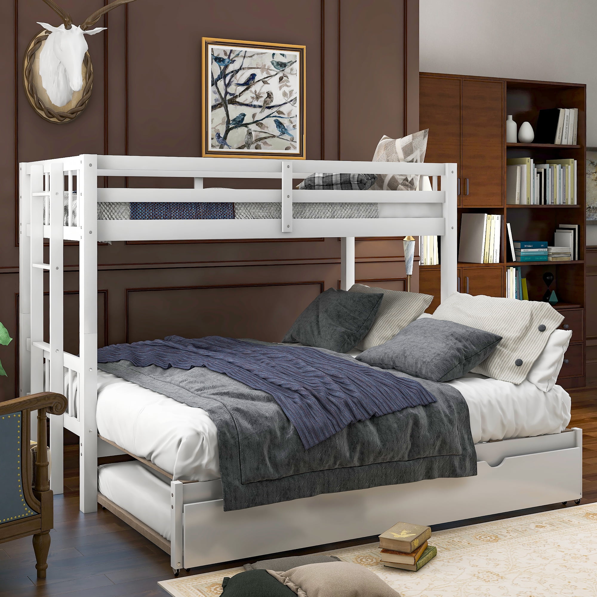 Bunk Bed Frame for Adults Toddlers, Aukfa Twin over King Size Bunk Beds with Trundle, Wood Twin
