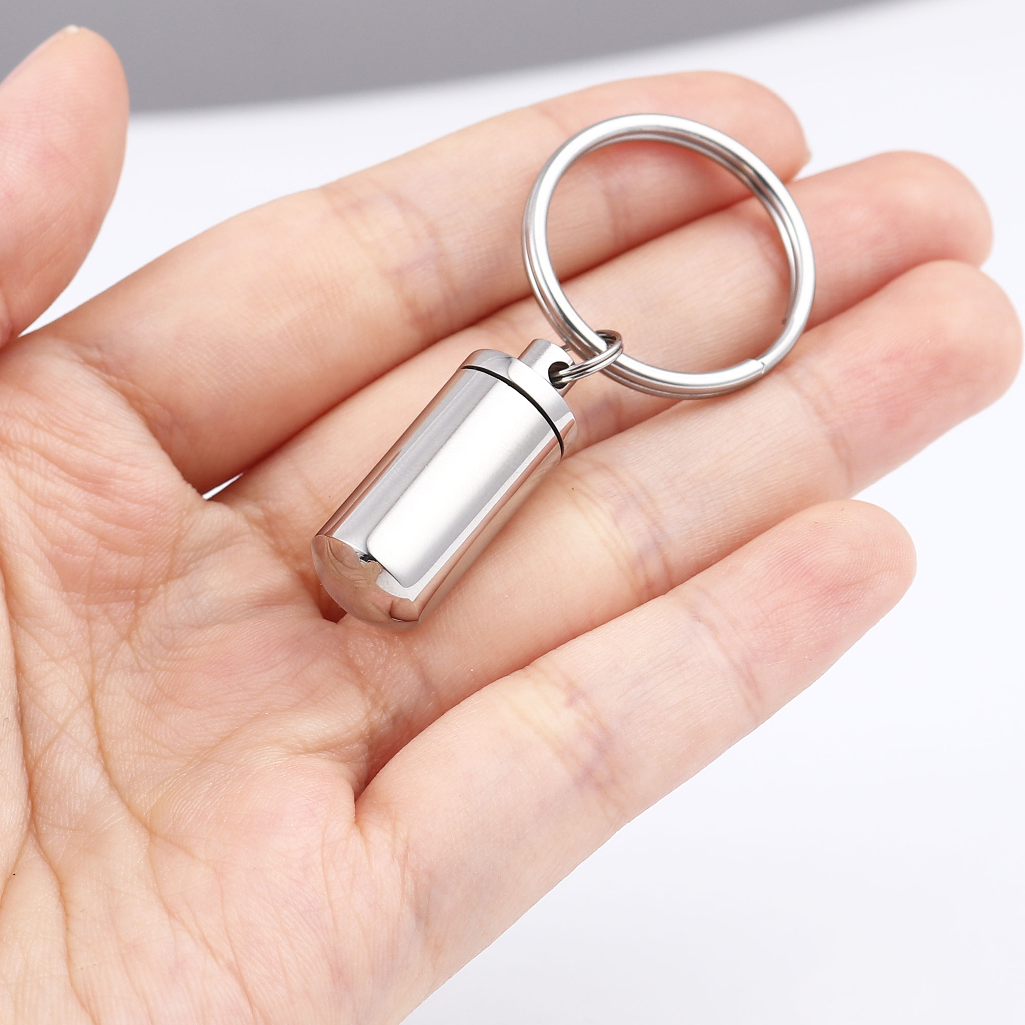 Silver Stainless Steel Small Cylinder Cremation Urn Waterproof Ashes Holder Pendant Keychain Memorial Keepsake Ashes Container Key Ring with Free Funnel Kit and Velvet Jewelry Box