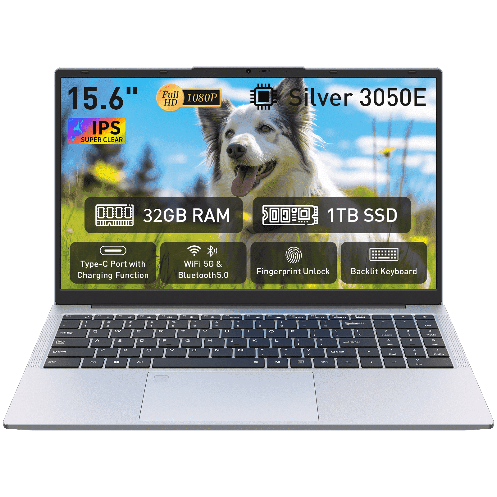 Auusda 15.6" Laptop, Win11 Pro 32GB RAM 1TB SSD, 3050E CPU Home Student Notebook Computer, Backlight, Fingerprint, Silver