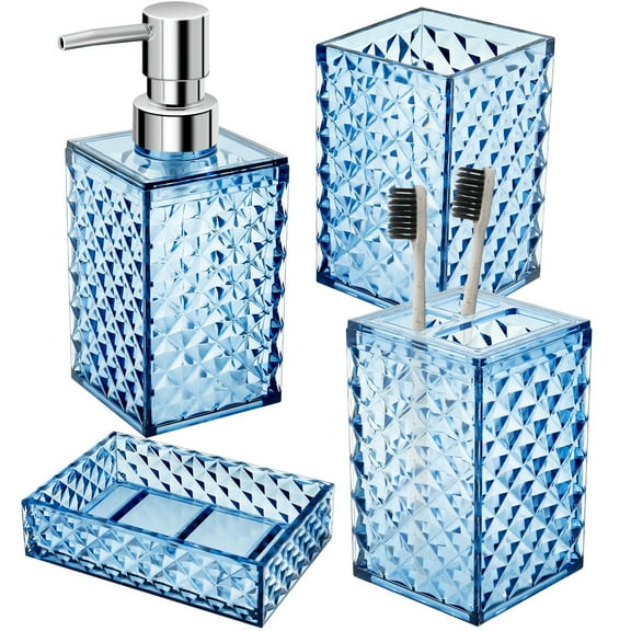 4Pcs Bathroom Accessories Set Dark Blue Diamond Pattern Soap Dish and Toothbrush Holder Set Plastic Cup and Lotion Bottle Kit for Bathroom Countertop