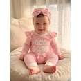 thumbnail image 3 of Cjfdfy  Newborn Baby Girls Fall Outfit Long Sleeve Little Sister Letter Embroidery Striped Romper And Pants Headband 3-piece Set Infant Baby Girl Ruffle Ribbed Fall Winter Clothes, 3 of 9