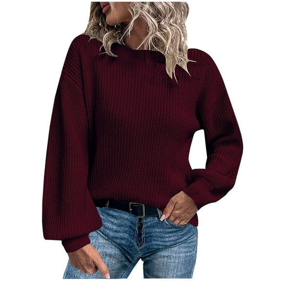 Lilgiuy Women Solid Color Long Sleeve Pullove Round-Neck Casual Sweater Tops,Wine,4 Fall Clothes for 2022 Spring Winter