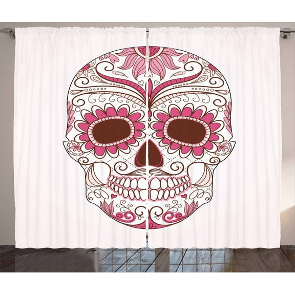 Ambesonne Sugar Skull Curtains 2 Panel Set, Mexican Ornaments, 108" x 108", Pink Pale Pink White
