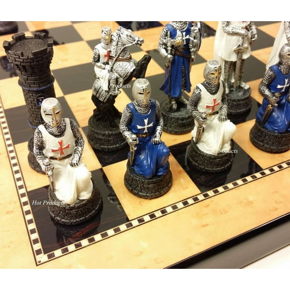 Medieval Times Crusades BLUE WHITE Maltese Knight Chess Set 15" Walnut Color Bd
