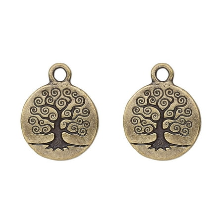 

Drop TierraCast antique brass-plated pewter (tin-based alloy) 15.5mm double-sided flat round with tree of life. Sold per pkg of 2.