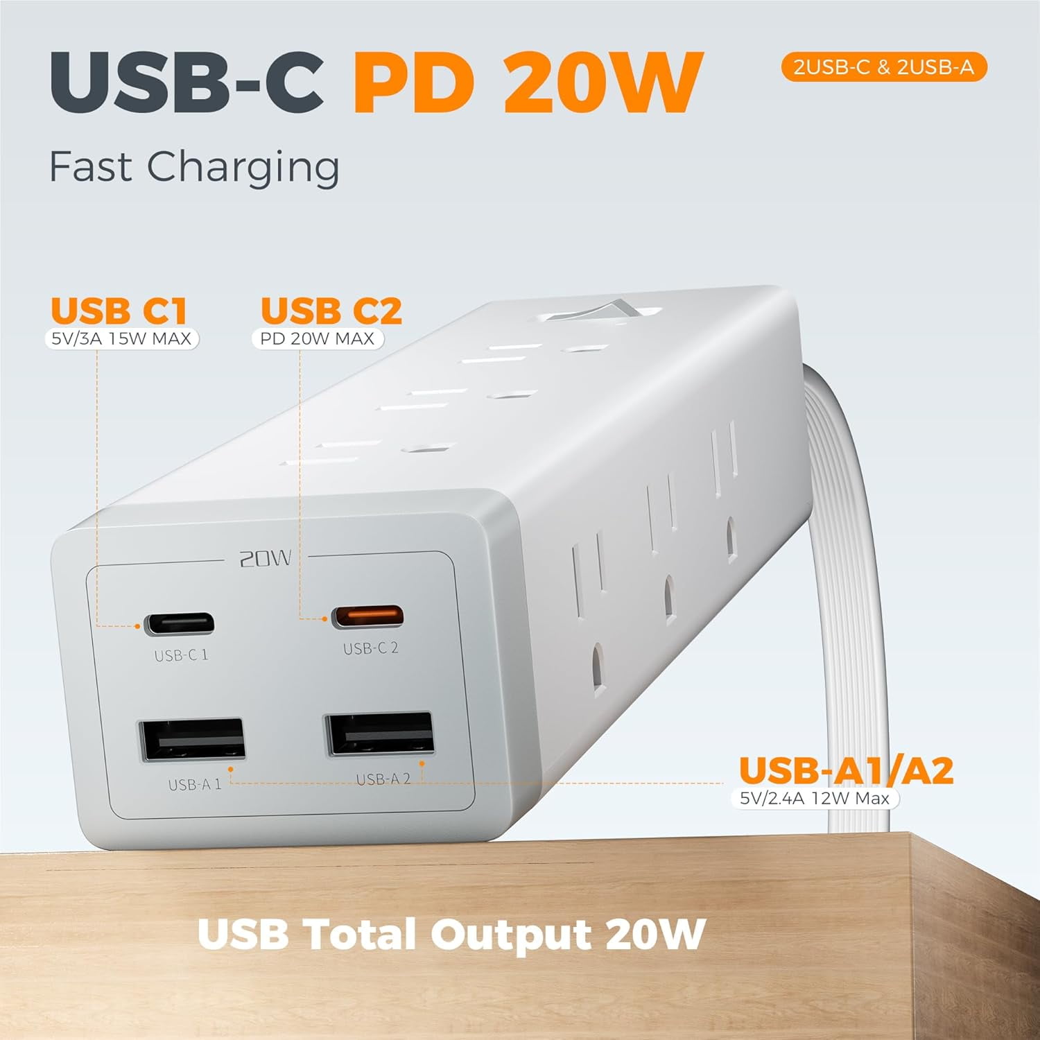 Sur Protector Power Strip PD 20W, Ultra Thin Flat Plug 6 FT Extension Cord, 9 Outlets 4 USB(2 USB C), 1050J Protection Multiple Outlets Charging Station for Home, Office, Colle Dorm Room
