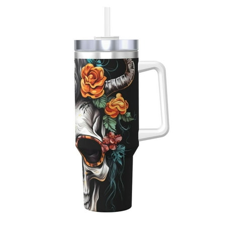 

Cauagu Flower Horn Skull A Print Stainless Steel Vacuum Insulated Tumbler 40oz Water Bottle with Handle & Flip Straw Reusable Travel Coffee Mug for Women & Men