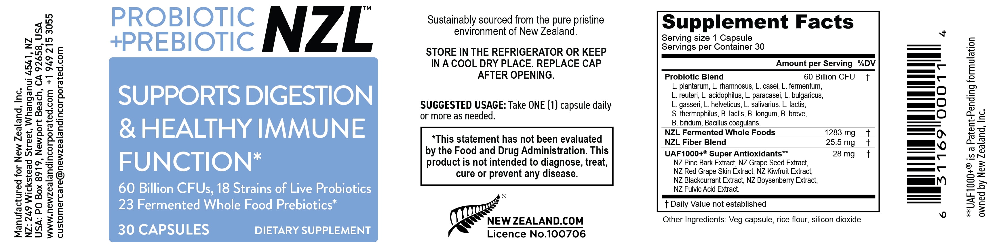 NZL Probiotic + Prebiotic Capsules, Once Daily 60 Billion CFUs, Digestive Health for Men and Women, 18 Strains, Shelf Stable, With Fermented Wholefoods, Prebiotic & Fibre, 60 caps, 1 Month Supply