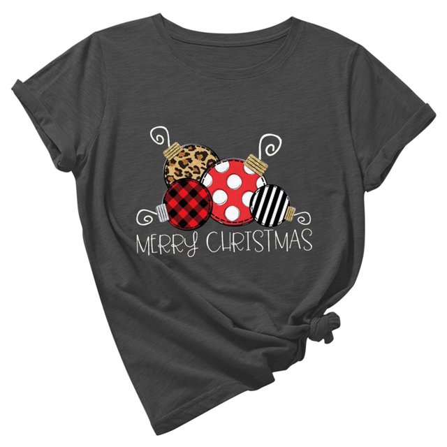 Camisas de Cuadros Navideños Para Mujer, Cuello Redondo, Estampado, Manga Corta, Tops Odeerbi ODB208011