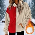 thumbnail image 3 of Otntypg Color Block Fuzzy Hoodies for Women Trendy Fall Winter Thick Warm Long Sleeve Drawstring Hooded Pullover Sweatshirts Fashion Sherpa Fleece Outwear Tops with Pockets Khaki XL, 3 of 7