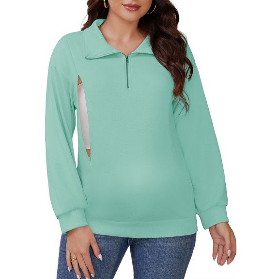 DARING DIVA Women's Nursing Hidden Zipper Long Sleeve Polo Shirt S Green