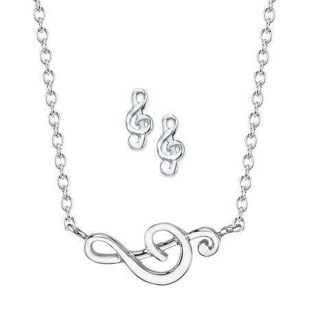 - Sterling Silver Treble Clef Necklace and Earrings Jewelry Set, 18