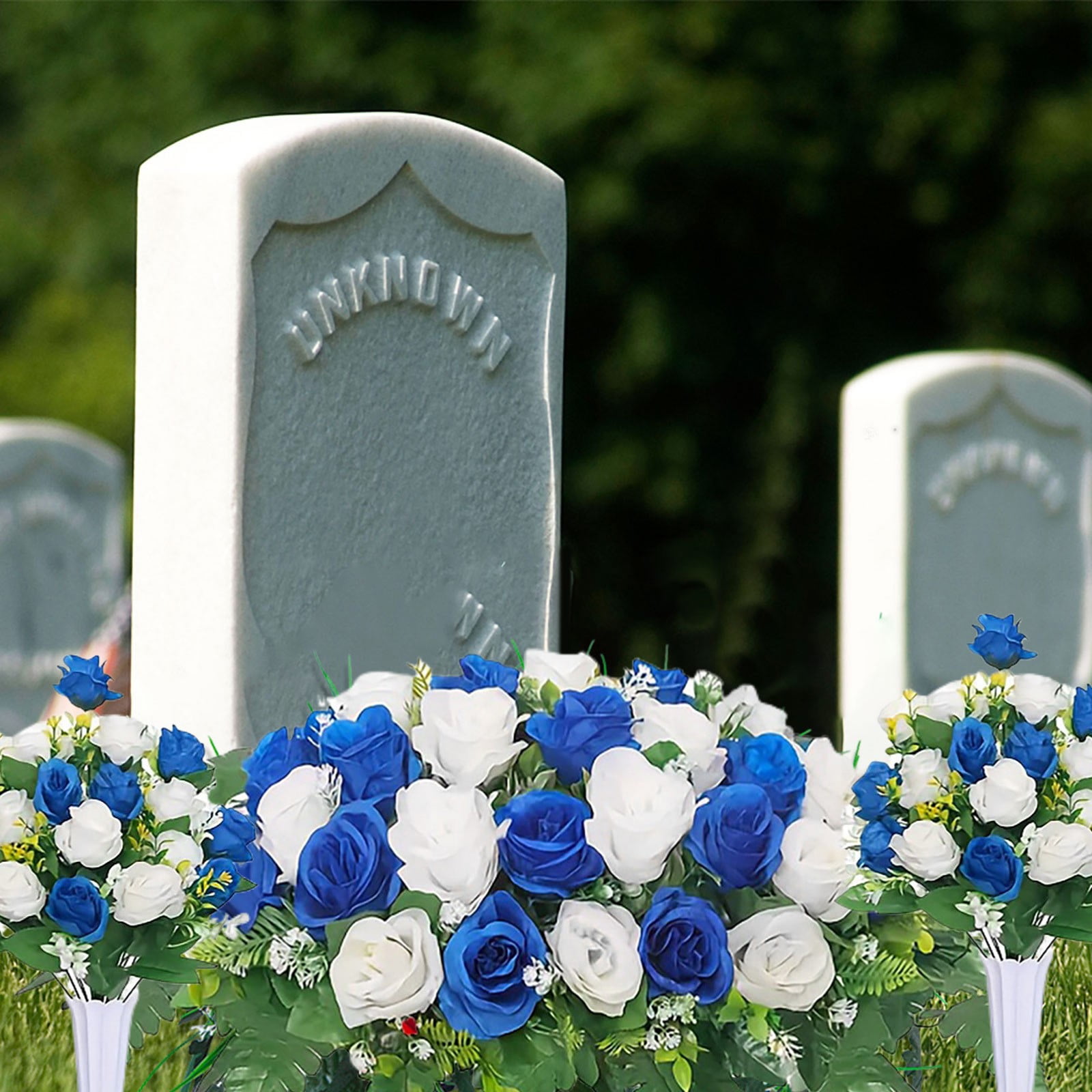Artificial Cemetery Flower Bouquet with Saddle Weather-Resistant Realistic Silk Rose Memorial Arrangement Lasting Grave Decor for Headstones, Memorials & Cemetery Visits