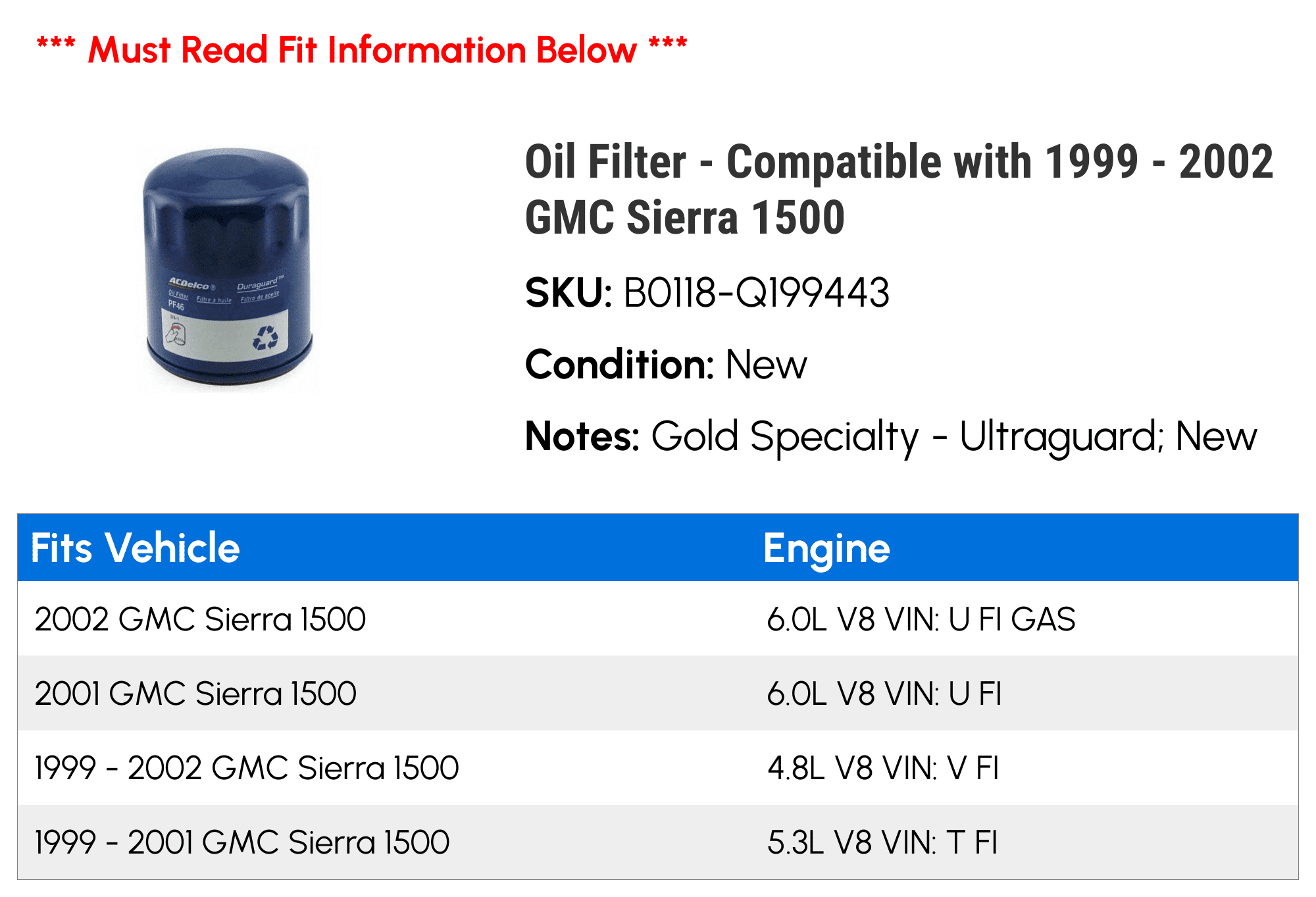 Oil Filter - Compatible with 1999 - 2002 GMC Sierra 1500 2000 2001