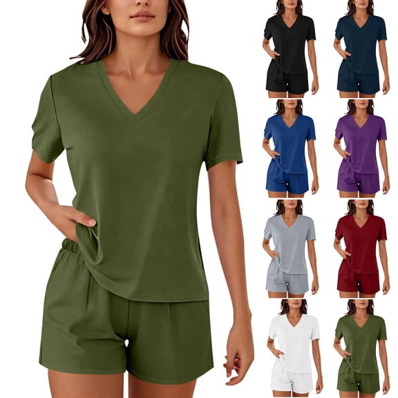 Womens 2-Piece Casual Outfit Solid Color V-Neck Short Sleeve Top & Shorts 2 Piece Athletic Tracksuit for Daily Occasions