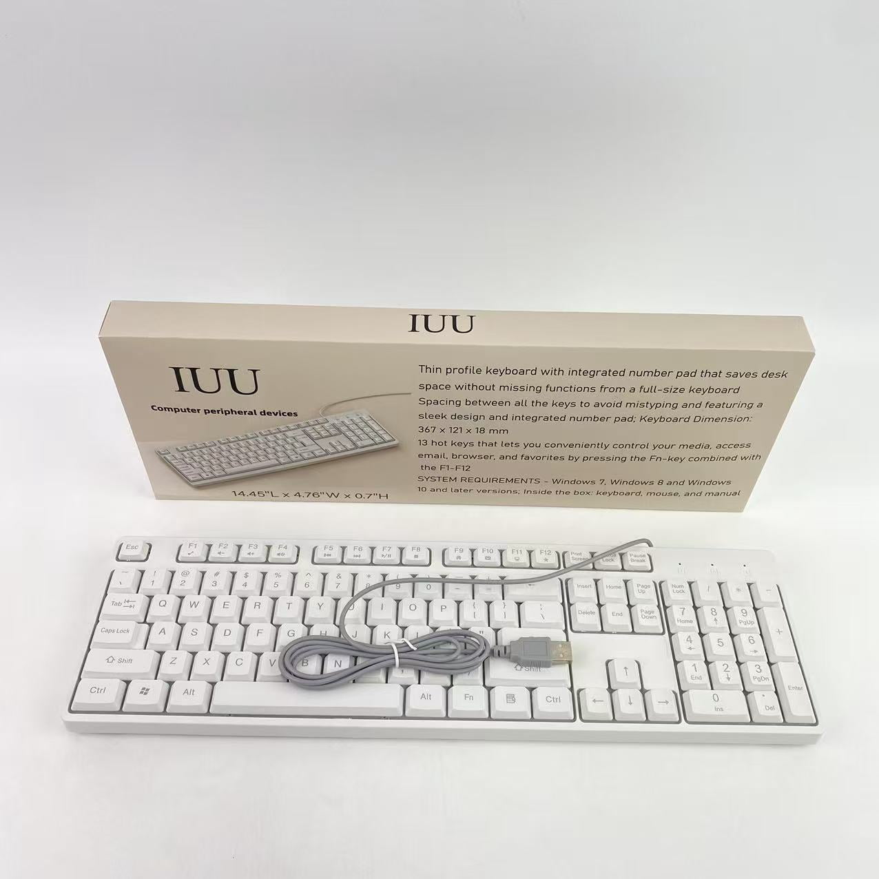 IUU Computer peripheral devices,Wired Quiet USB Keyboard - 14.45x4.76x0.70 Inches - Compact Design with Number Pad - White - US English