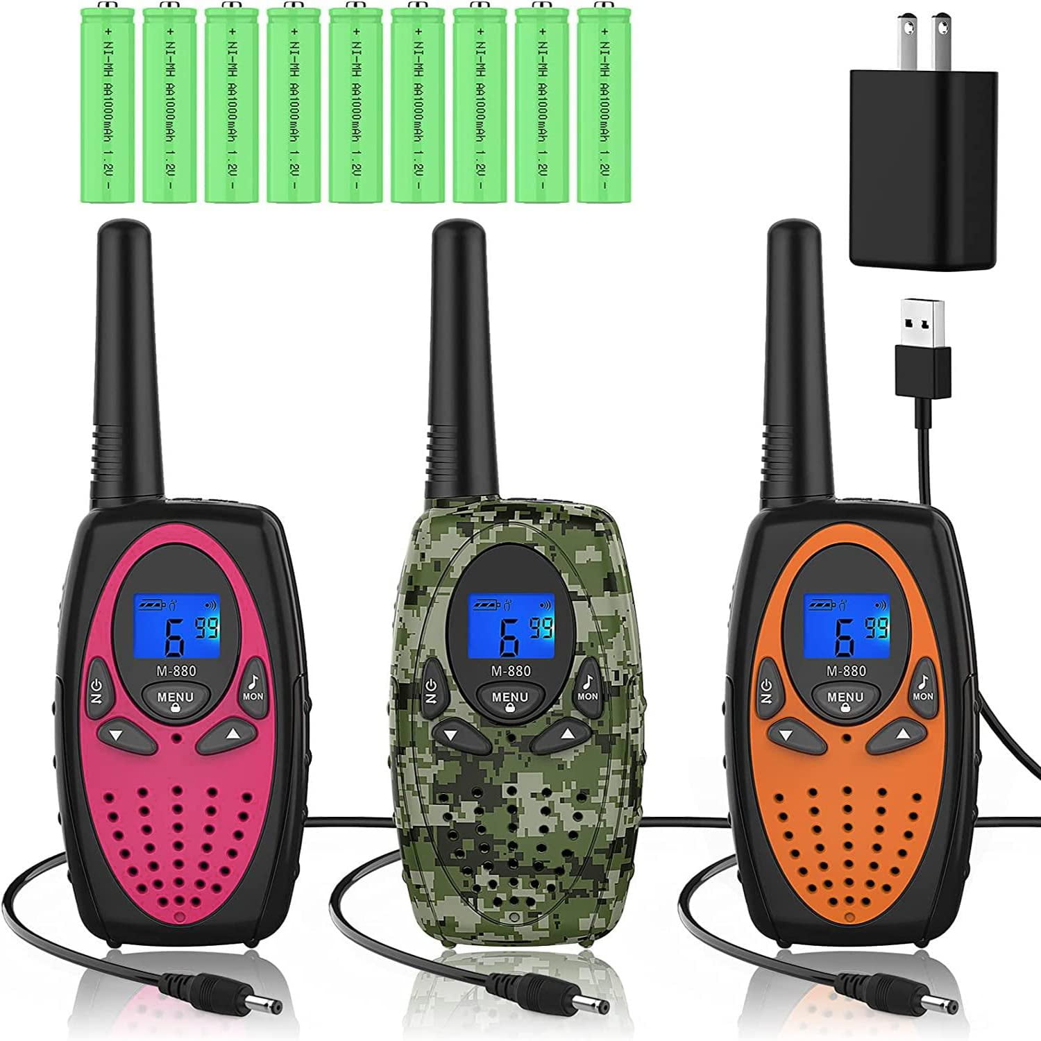 Walkie Talkies Pack, Rechargeable Adult Walkie Talkie with LCD Screen,  Belt Clip and Batteries,22 Channel Long Range Radio for Cruise Ship Camping  Hiking and Skiing （Red Camo Orange）