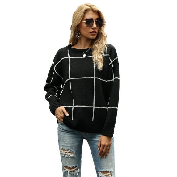 Women's Long Sleeve Casual Loose Tops Grid Pattern Knitted Pullover Sweater, Black, X-Large