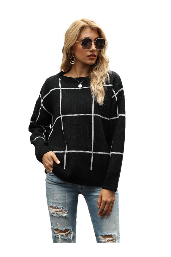 Women's Long Sleeve Casual Loose Tops Grid Pattern Knitted Pullover Sweater