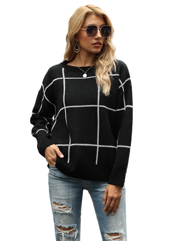 Women's Long Sleeve Casual Loose Tops Grid Pattern Knitted Pullover Sweater