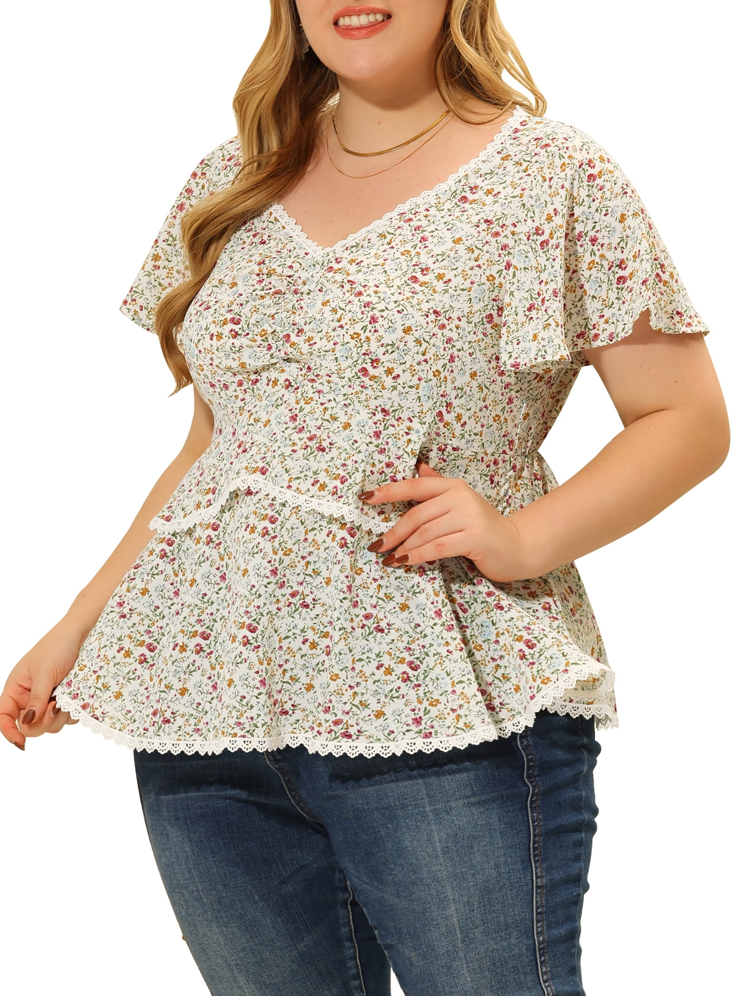 Unique Bargains Women's Plus Size Tiered Blouse Floral Babydoll Sweetheart Ruffle Top