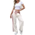 thumbnail image 1 of Women'S Wide Leg Pants Drawstring High Rise Side Striped Slouchy Palazzo Pants with Pockets Beige Red Edge XL, 1 of 7