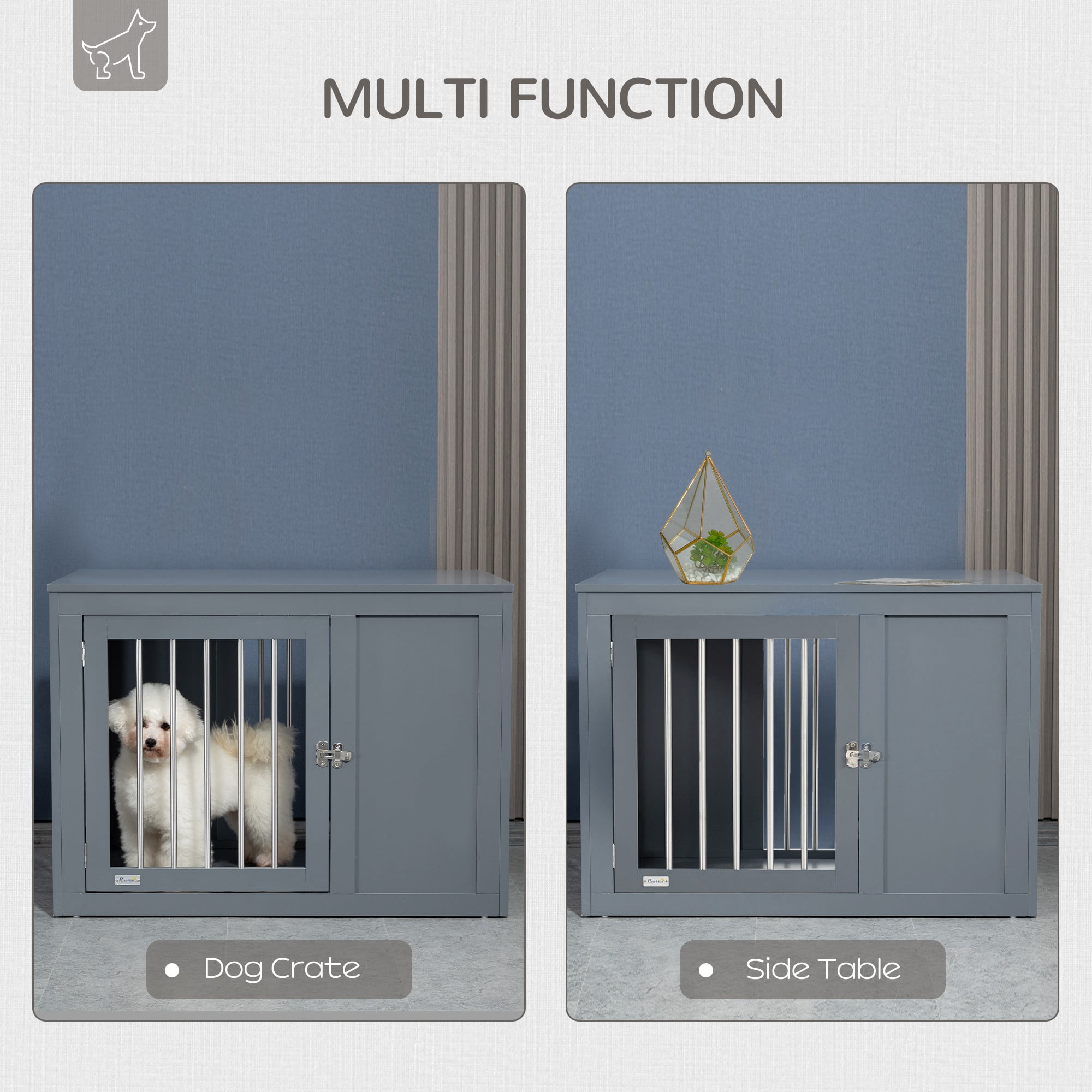 PawHut Dog Crate Furniture Wire Pet Cage Wooden Dog Kennel, End Table with Double Doors, and Locks, for Medium and Large Dog House Indoor Use, Grey