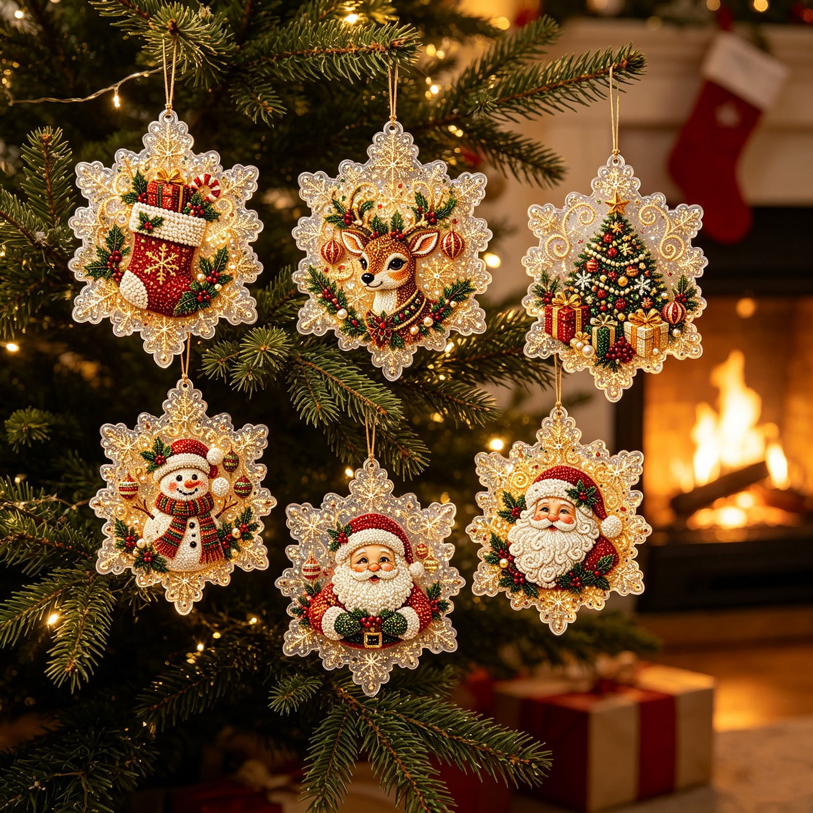 Christmas Diamond Art Ornaments for Adults 6 Pcs Wooden Pearl Art Kit with Special-Shaped Gems Jute Twine and DIY Craft Supplies for Christmas Tree Wreath Wall Decor