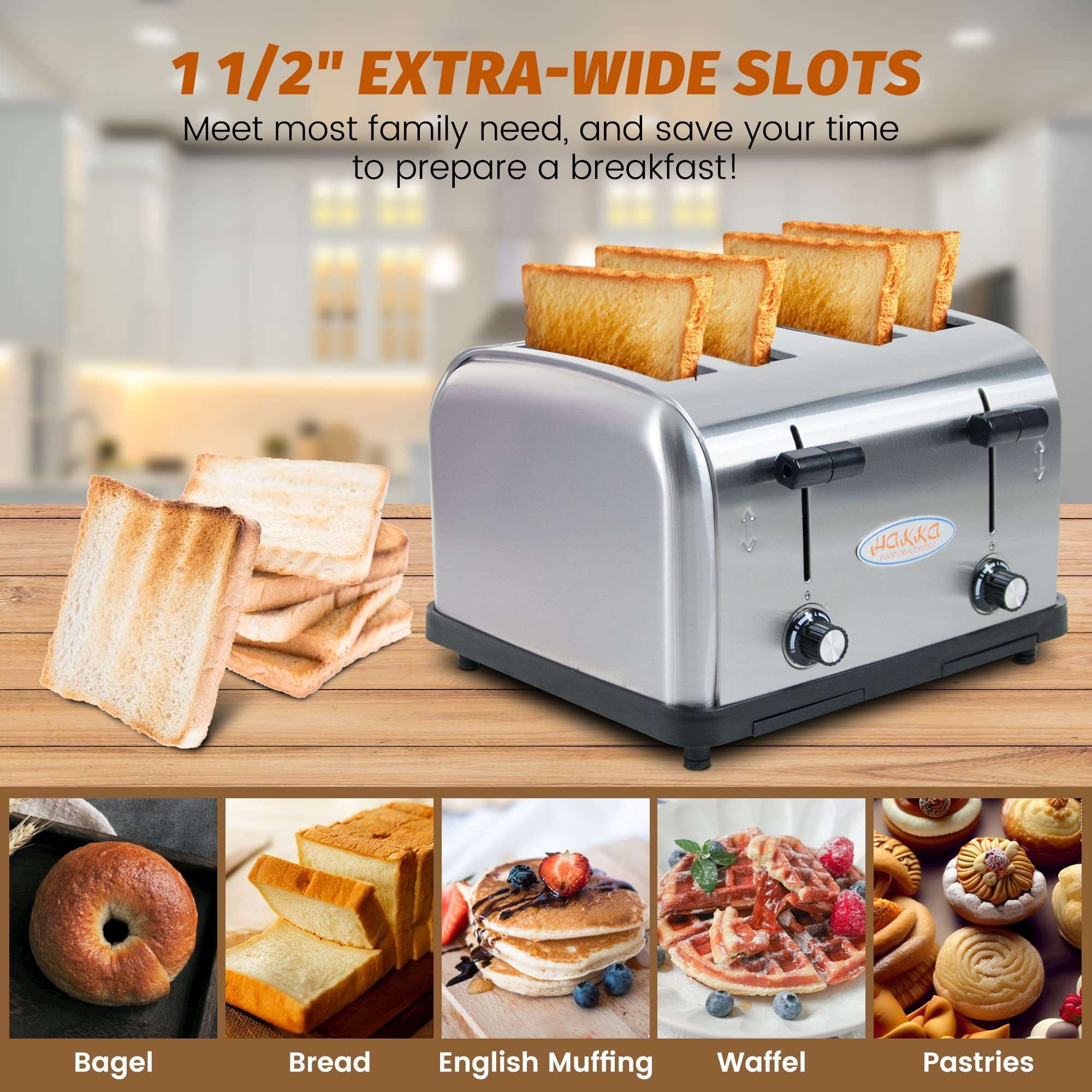Hakka 4-Slice Commercial Toaster 1800W Stainless Steel with 1.5-Inch Wide Slots and 2 Crumb Trays