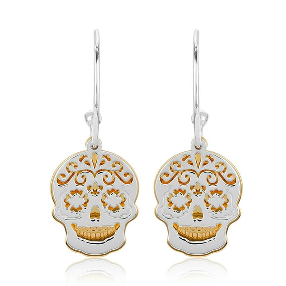 Vanbelle Sterling Silver Jewelry Light Weight Calavera Skull Half Hoop Earrings with Two Tone Yellow Gold & Silver Plating for Women
