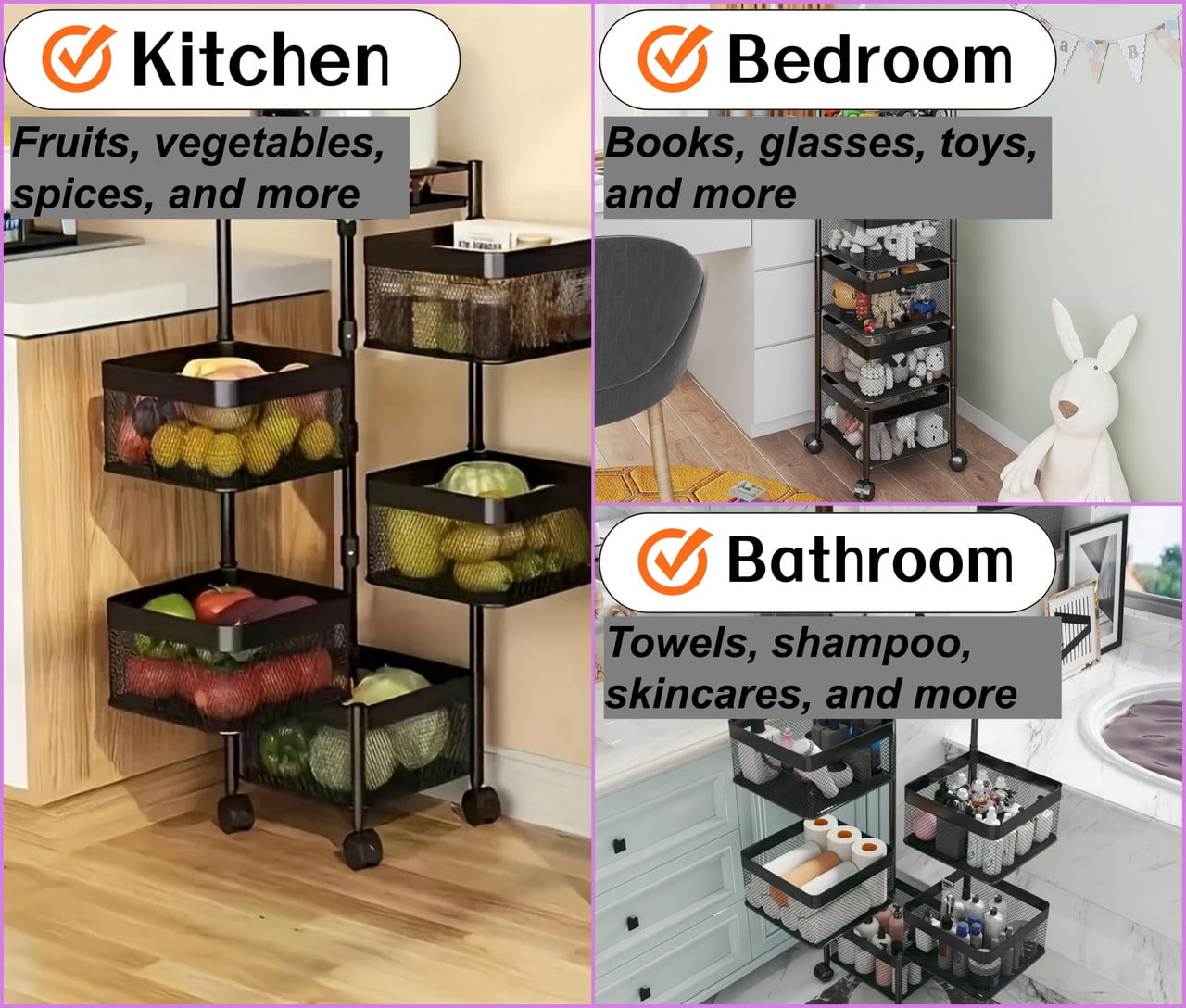 Howcool 5-Layer Metal Rolling Cart with Wheels, Kitchen Vegetable Storage Rack with Rotating Mesh Baskets