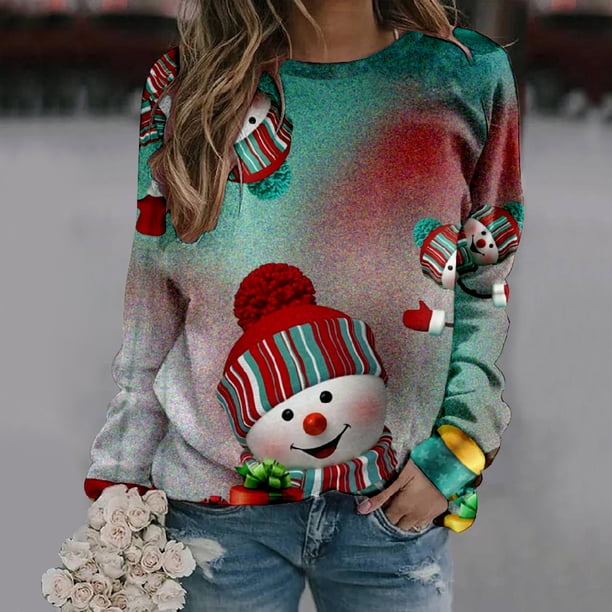 ICHUANYI Clearance Christmas Women Fashion Casual Print Round Neck Loose Long Sleeve Tops Blouse Hoodless Sweatshirts ICHUANYI "ICHUANYI"