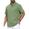 thumbnail image 4 of Men's Henley Shirt Solid Color Stand Collar Short Sleeve Linen Shirt 2XL Olive Green, 4 of 5