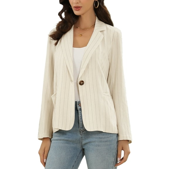 INSPIRE CHIC Casual Blazer for Women Stripe Notched Collar Single Button Office Blazers with Pockets XS Beige