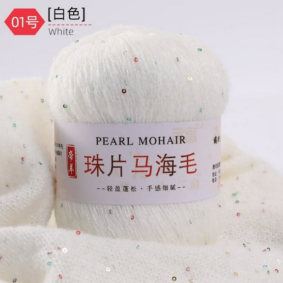 XmhyTop 100g Thin Knitting Sequined Yarn Crochet Fluffy Knitted Fashion Soft Wool Thread Sweater Shawl Beads Yarns，White