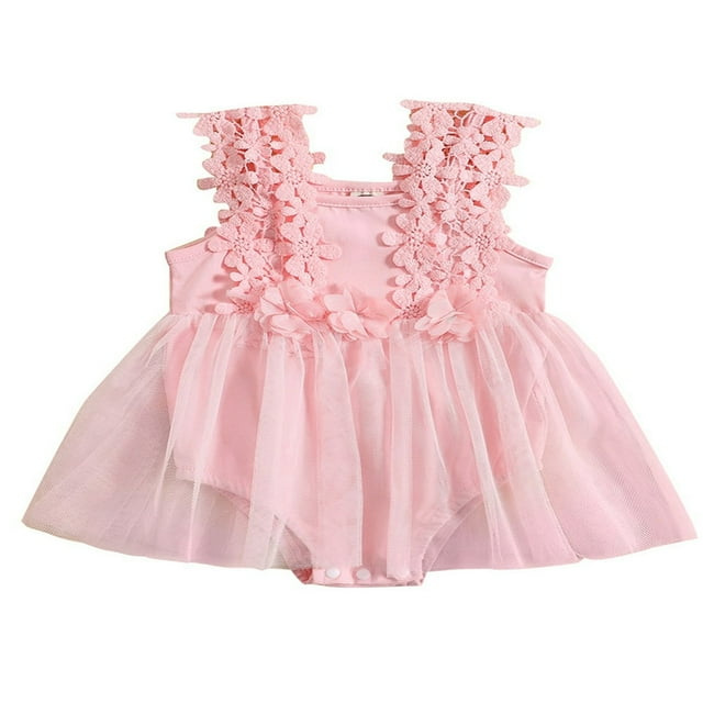Combinaison-robe pour Bébé Fille en Dentelle à Fleurs Sans Manches en Maille Tulle