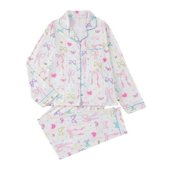 Ashirexll Womens Winter Sets, Fuzzy Pajamas for Women, Casual Button Down Print Long Sleeve Blouse and Pants Comfortable Two Piece Set