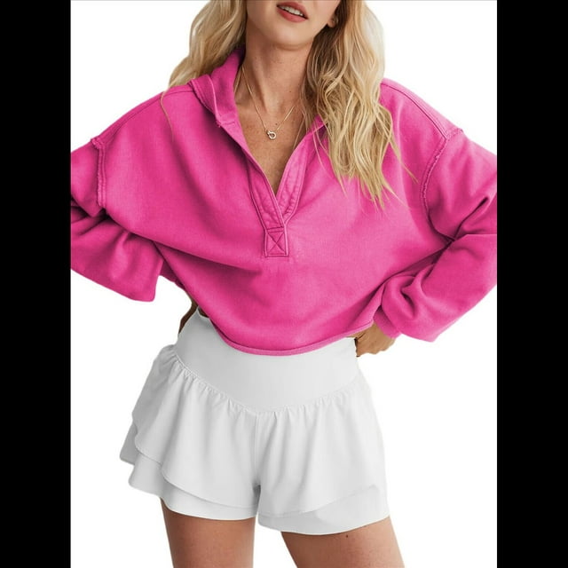 Sudadera Holgada Informal de Larga con Capucha para Mujer, Color Liso, Estilo Otoño Rosa Roja XL