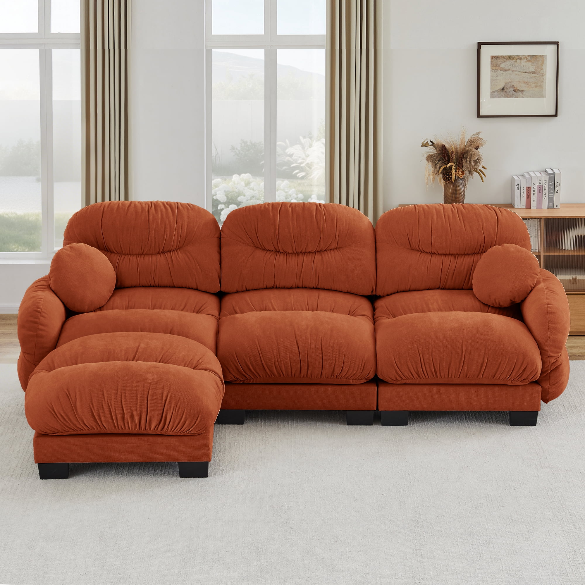 116" 3 Seater Sectional Couch Cozy Chenille Modular Sofa with Ottoman and 2 Throw Pillows