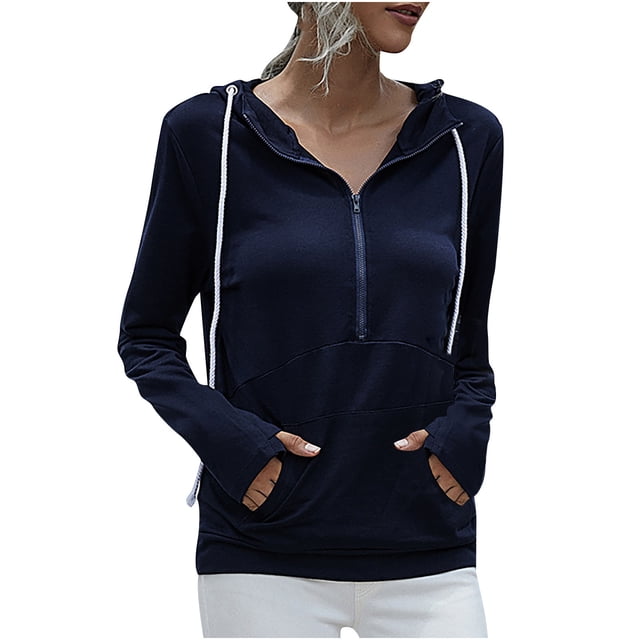 Sudadera con cordón de bolsillo de color sólido con cremallera con capucha informal de moda para mujer Pompotops gfhjh6821