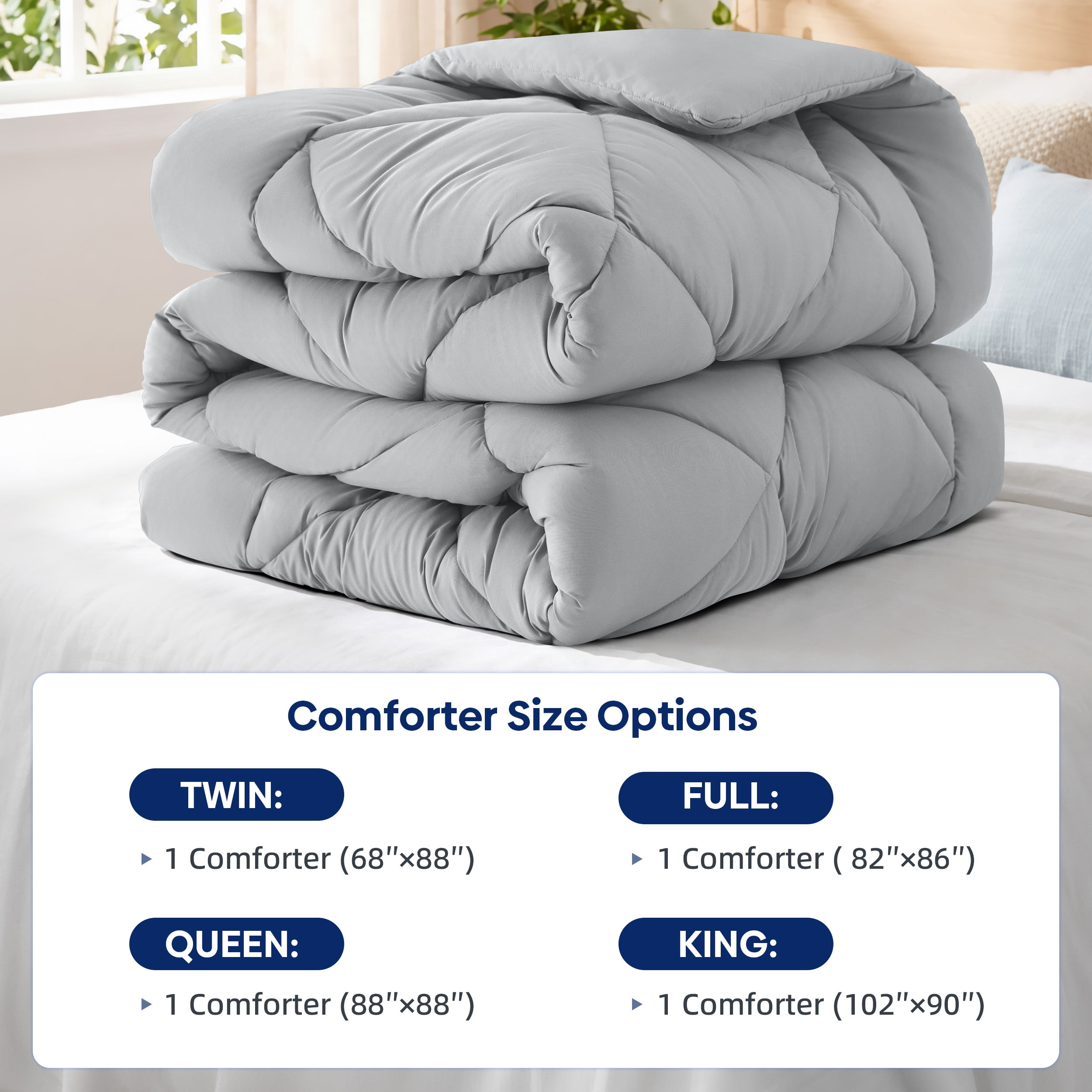 WISHEAD Comforter Queen Size All Season Soft Quilted Down Alternative Bedding Duvet Insert with Corner Tabs, Machine Washable, Light Grey