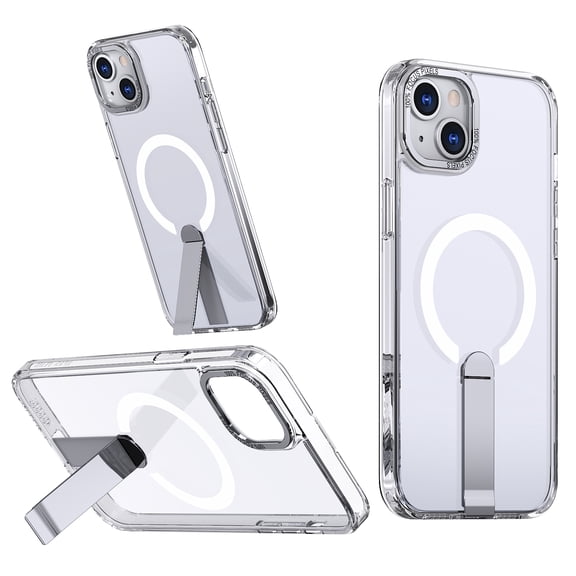 ELEHOLD For iPhone 15 Plus 6.7Inch Slim Shockproof Magnetic Phone Case, Horizontal & Vertical Kickstand Rugged Cover, MagSafe Compatibe, with Metal Lens Ring, Clear