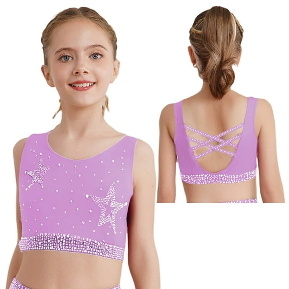 Sholeno Kids Girls Sparkle Sports Bra Criss Cross Back Gymnastics Yoga Tank Vest Ballet Dance Tops Bralette Light Purple 6