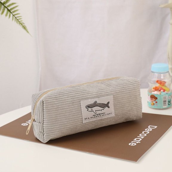 Learning Supplies Dirt-resistant Gift Large-capacity Corduroy Shark Pencil Box Pen Bag Stationery Organizer Pen Case LIGHT GREY